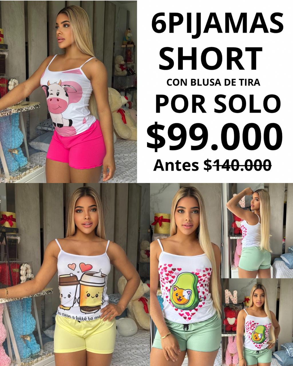 6 pijamas en piel de durazno.